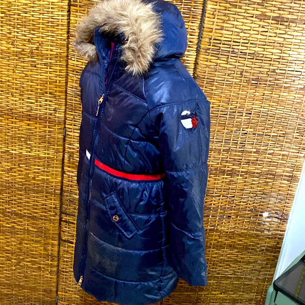 EUC Tommy Hilfiger Long Jacket Blaze Rose gold hardware fur edged hood L 12/14